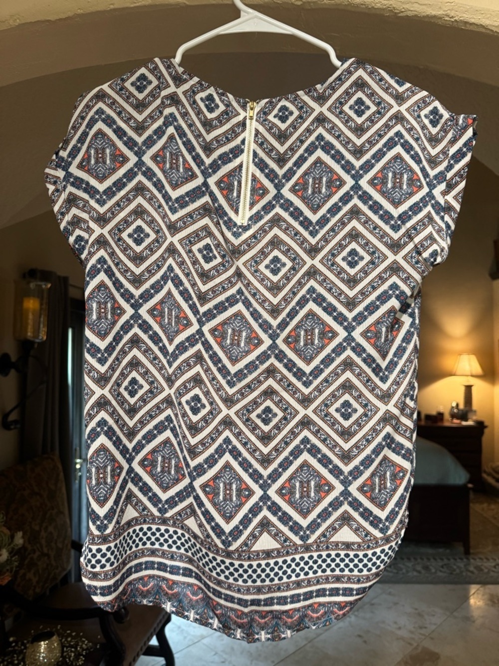 Pink Republic Navy, White & Rust Geo Print Short Sleeve Blouse - Picture 2 of 3